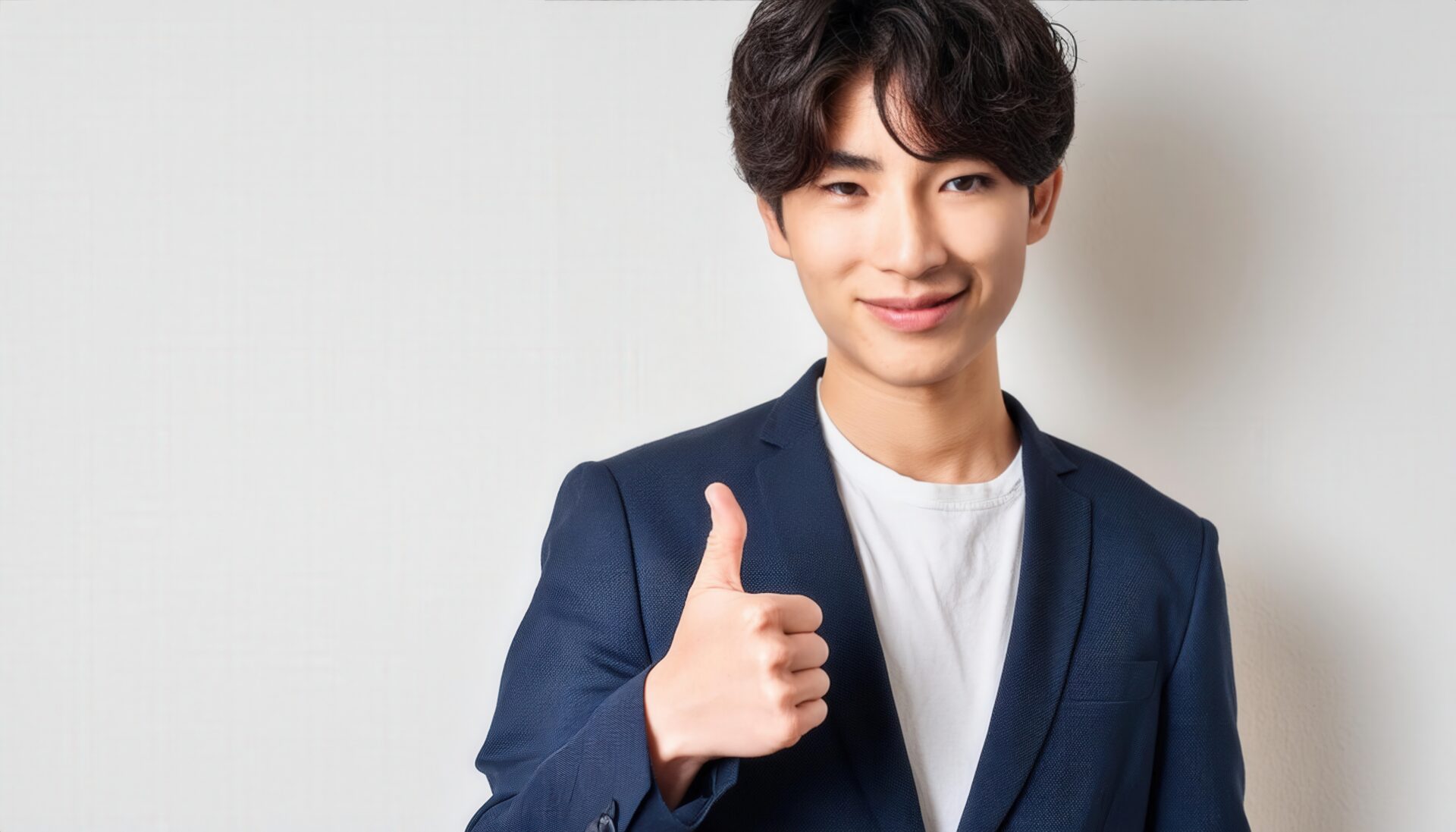 白い壁の前で親指を立てる笑顔の若い男性