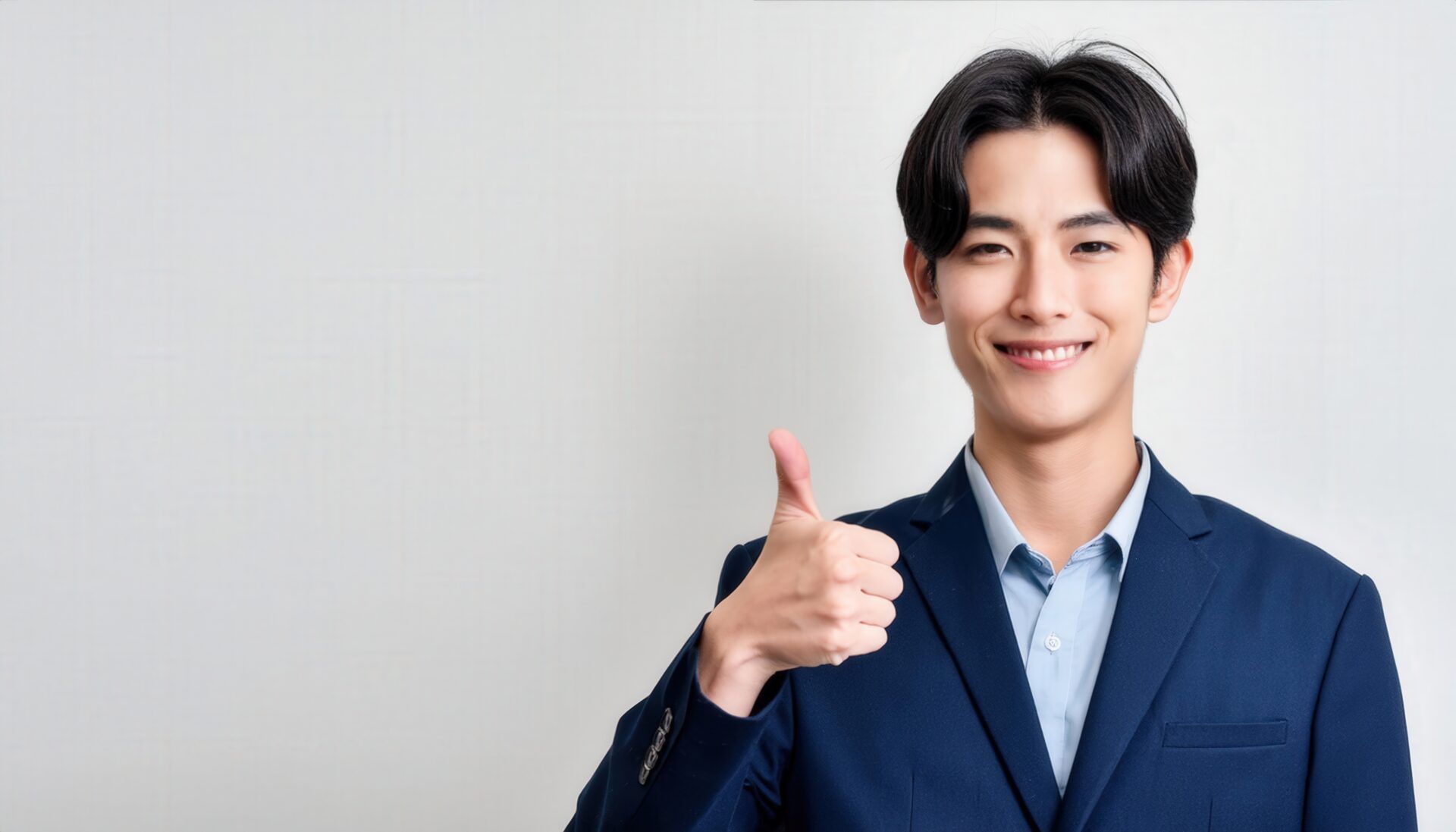 大きな窓を背景に親指を立てる笑顔の若い男性