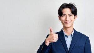 大きな窓を背景に親指を立てる笑顔の若い男性