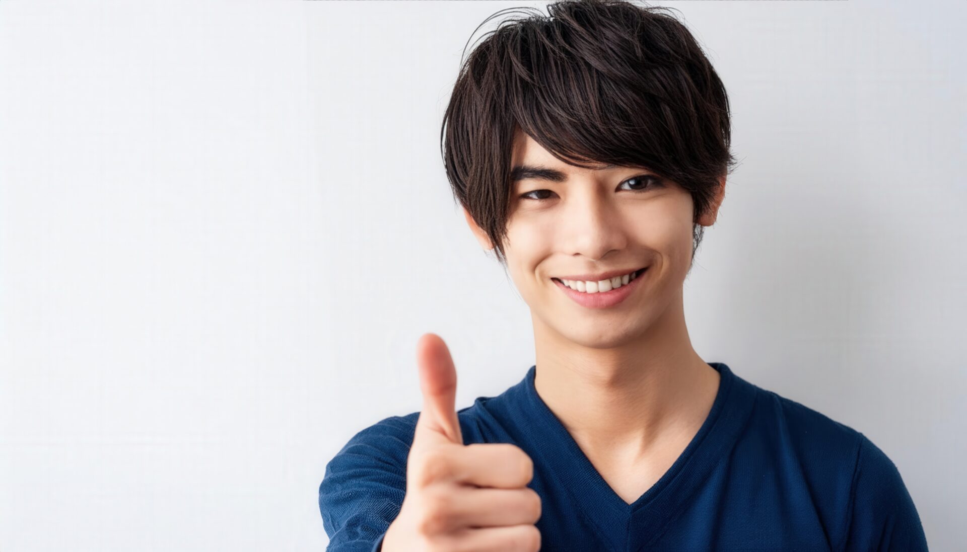 シンプルな背景で親指を立てる笑顔の若い男性