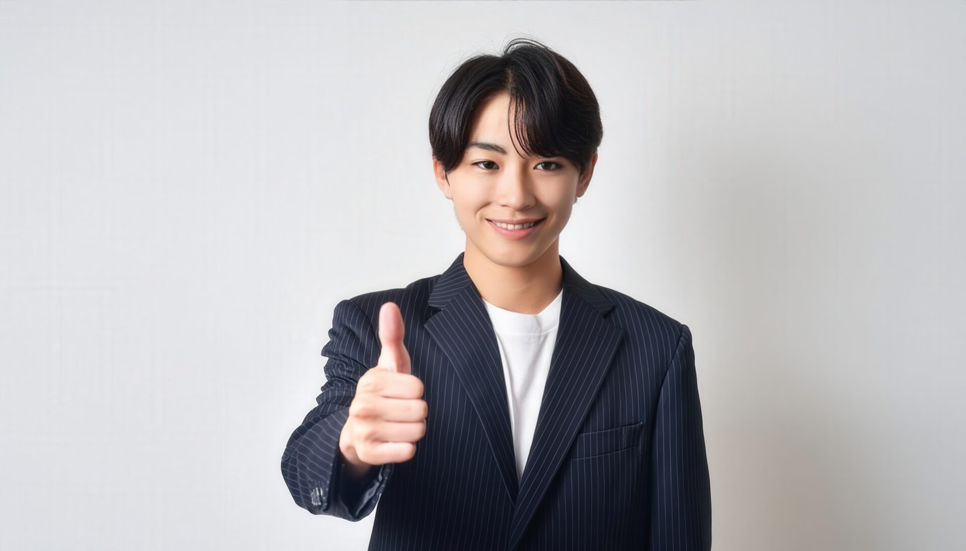 ストライプジャケットを着た若い男性が親指を立てる