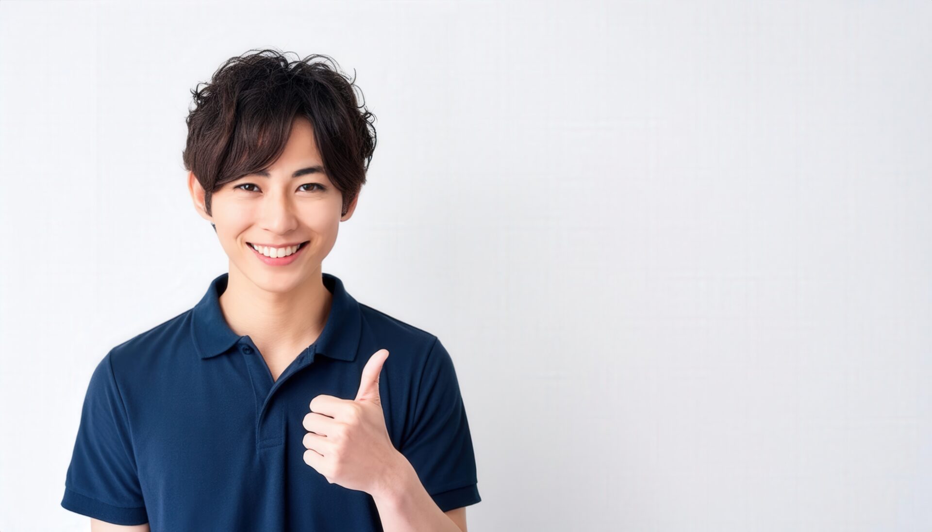 白背景でポロシャツ姿の若者がサムズアップ