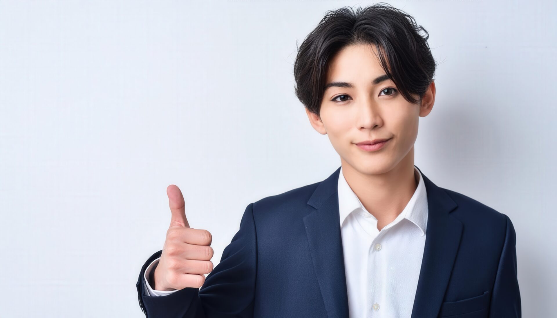 白背景でスーツ姿の若者がサムズアップ
