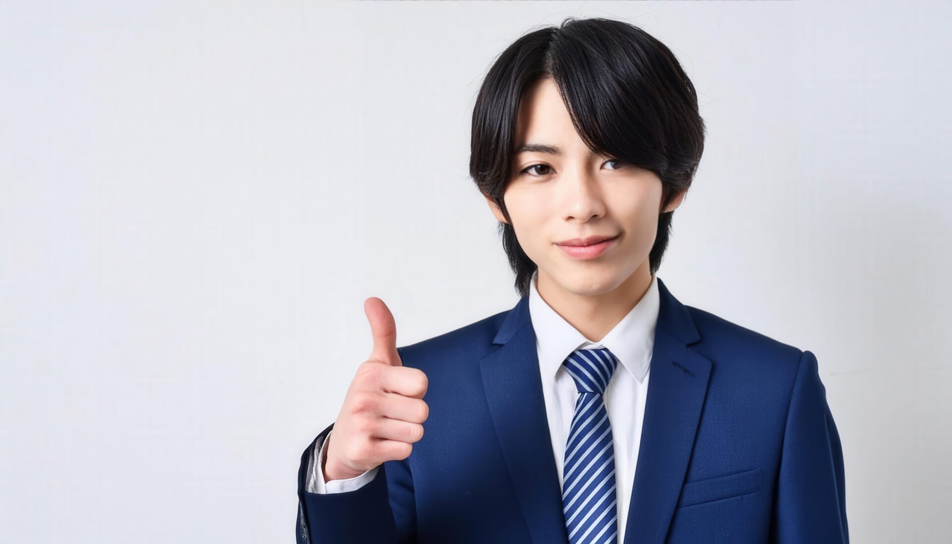 白背景でネクタイを締めた若者がサムズアップ