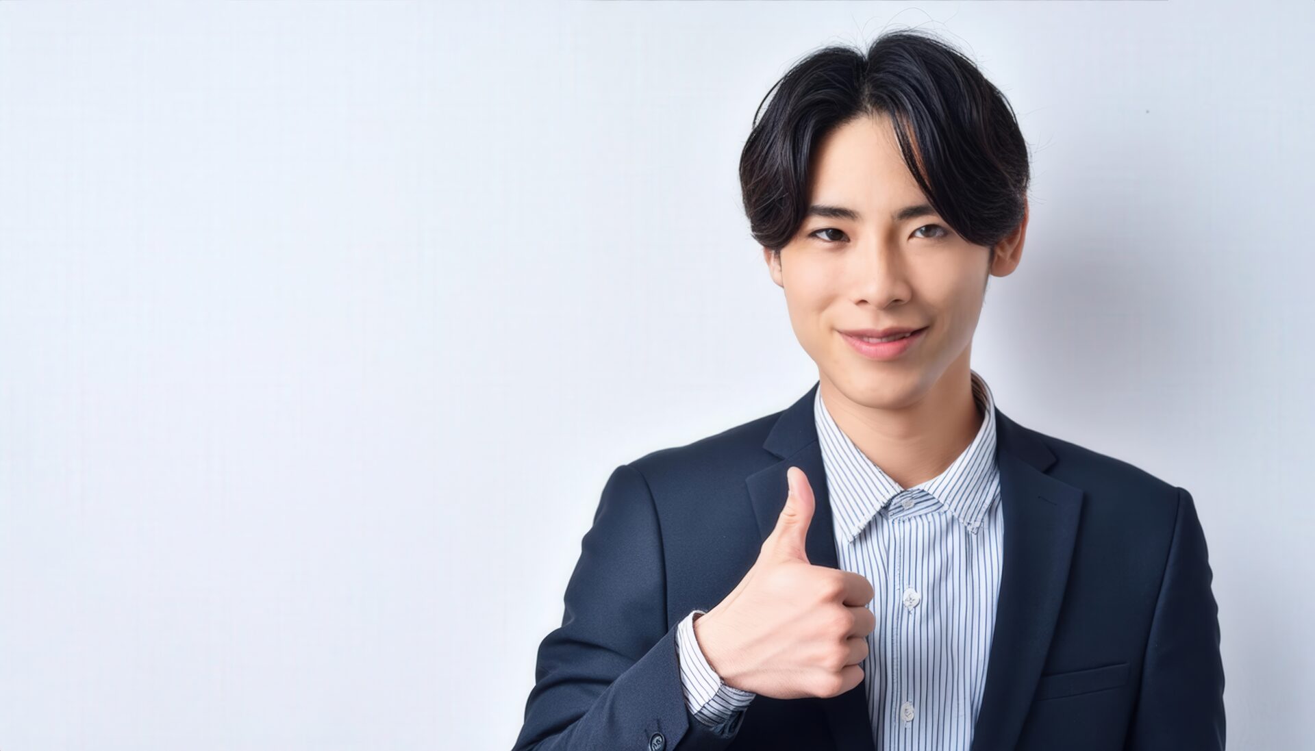 白背景でストライプシャツを着た若者がサムズアップ