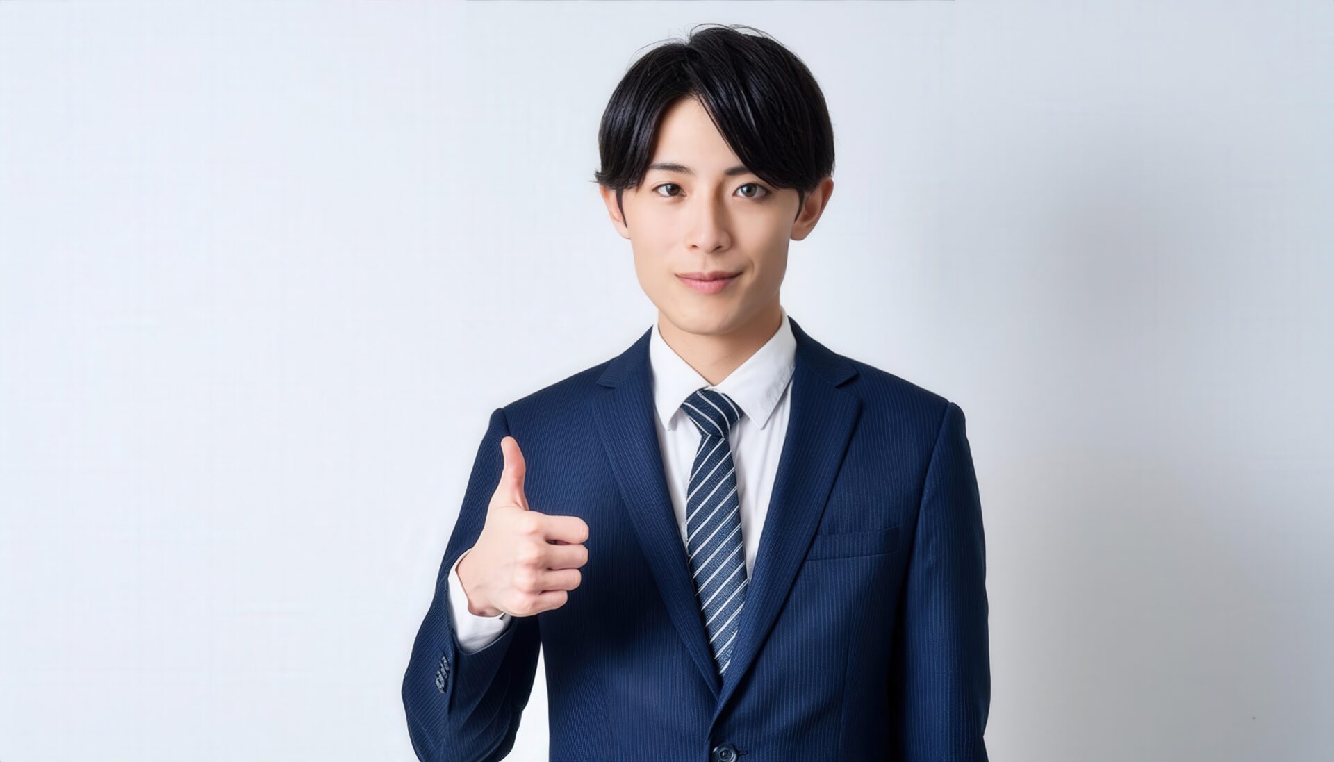 白背景でダークスーツを着た若者がサムズアップ
