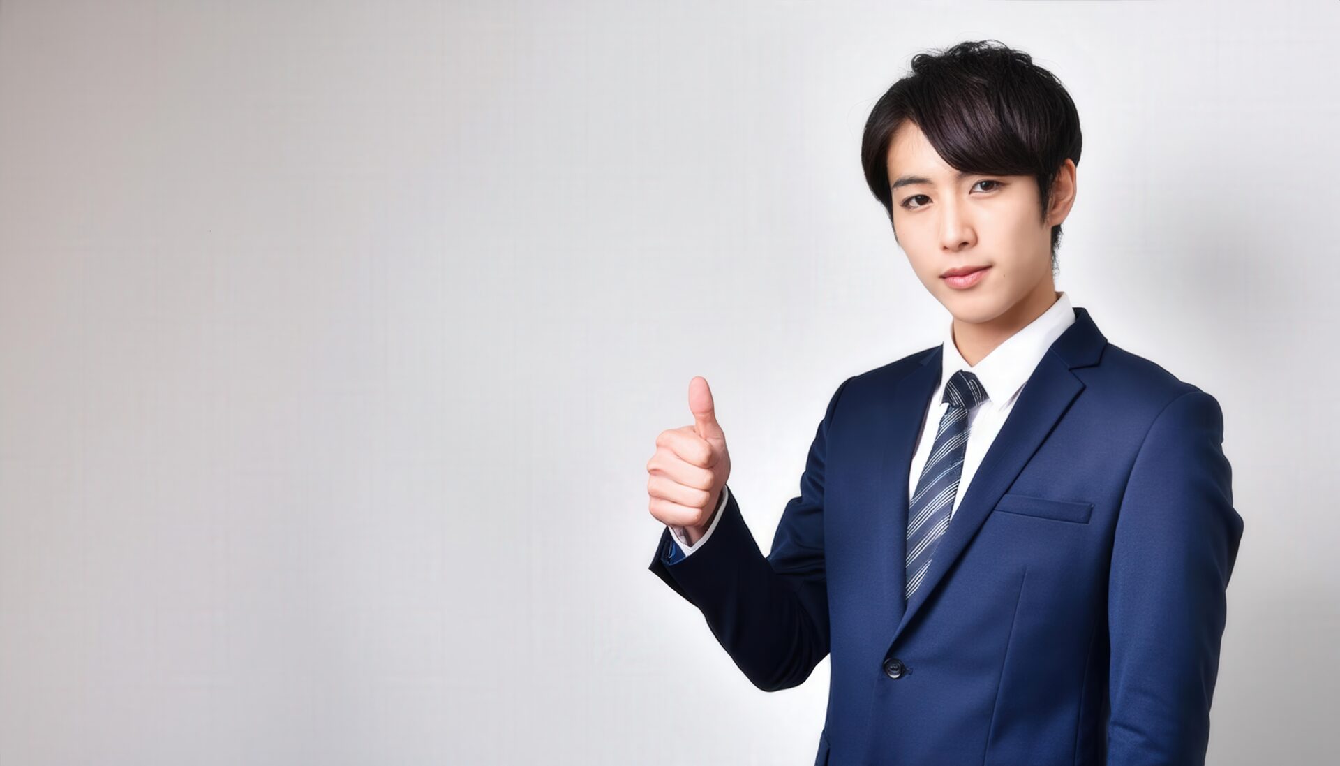 白背景でダークスーツを着た若者がサムズアップ