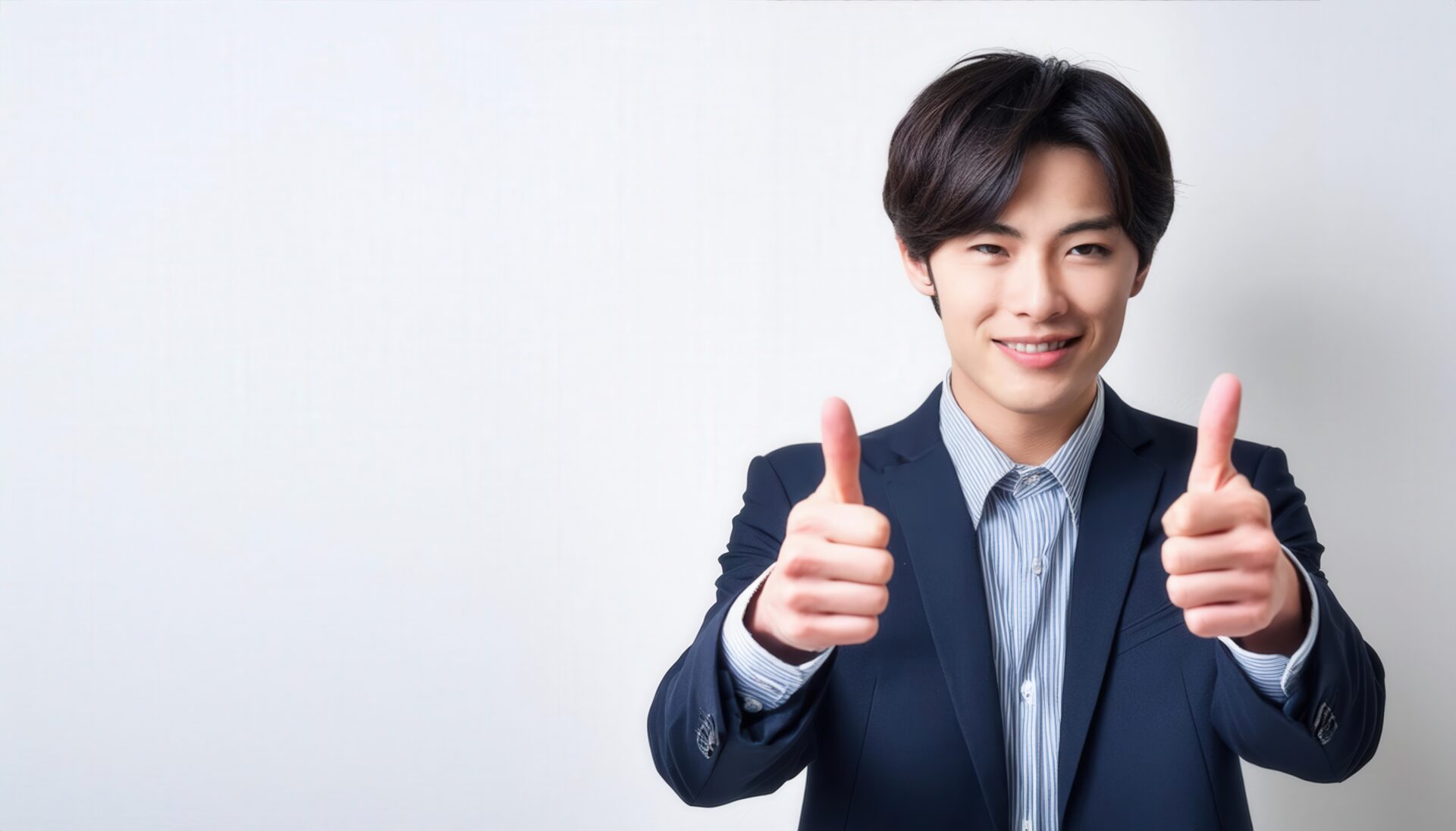 白背景で紺色スーツを着た若者がサムズアップ