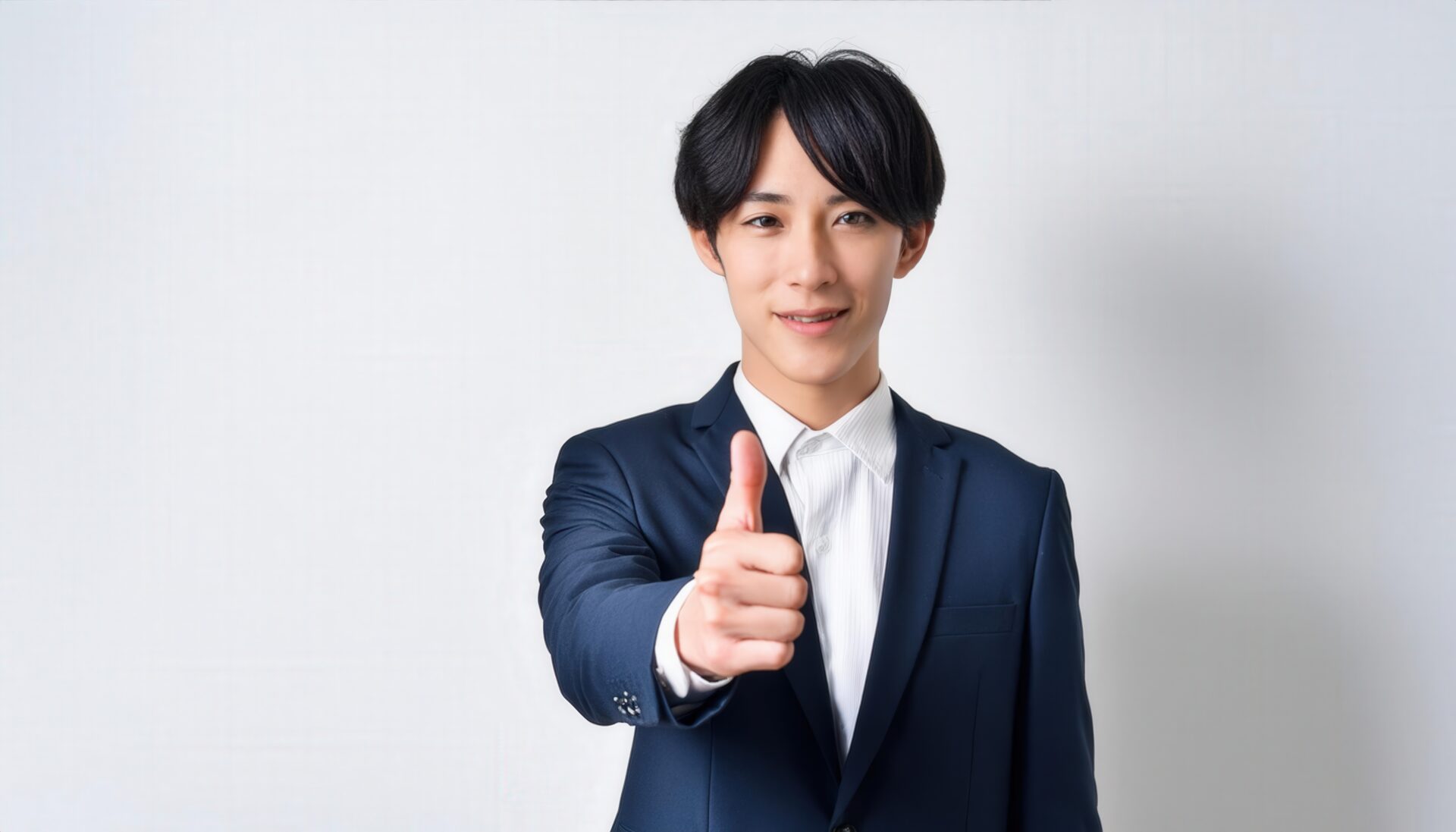 白背景で片手のサムズアップをするビジネスパーソン