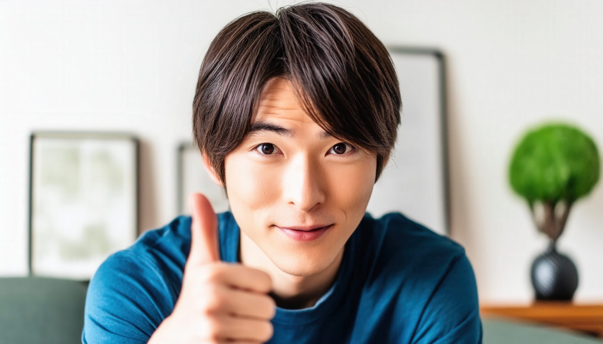 室内でサムズアップをする人物
