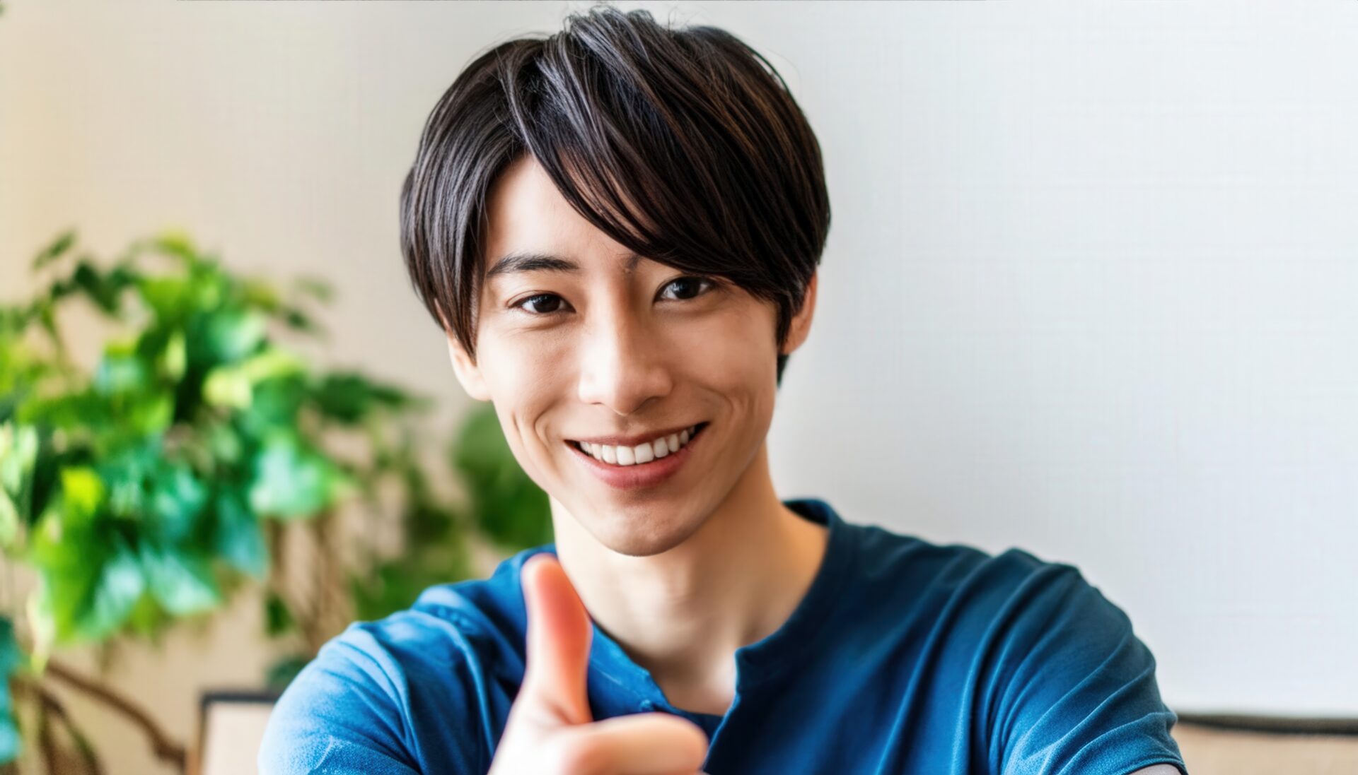 室内でサムズアップをする人物