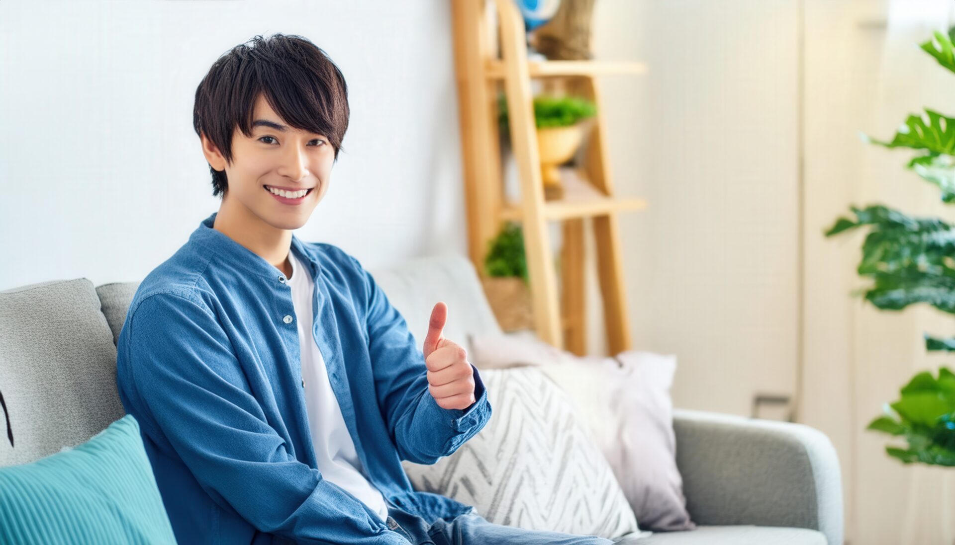 ソファでサムズアップをする人物