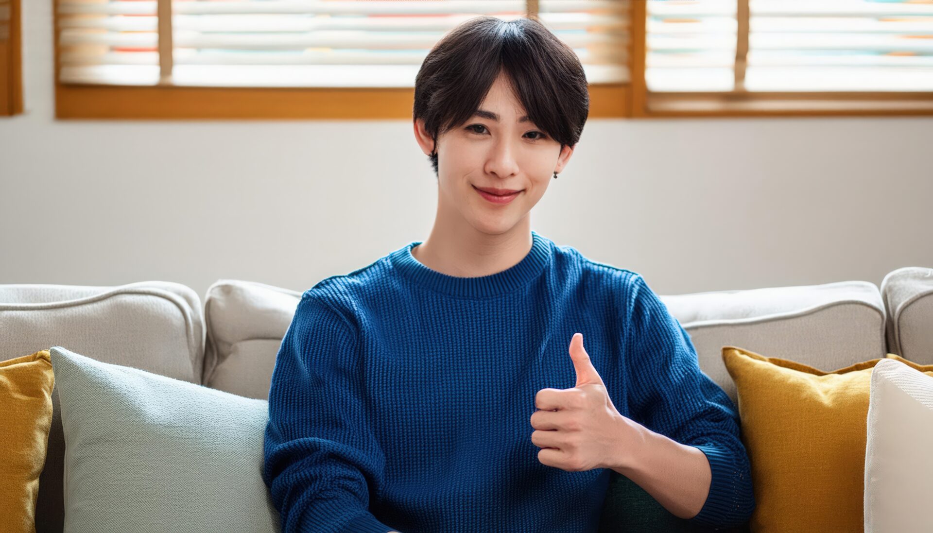 ソファでサムズアップをする人物