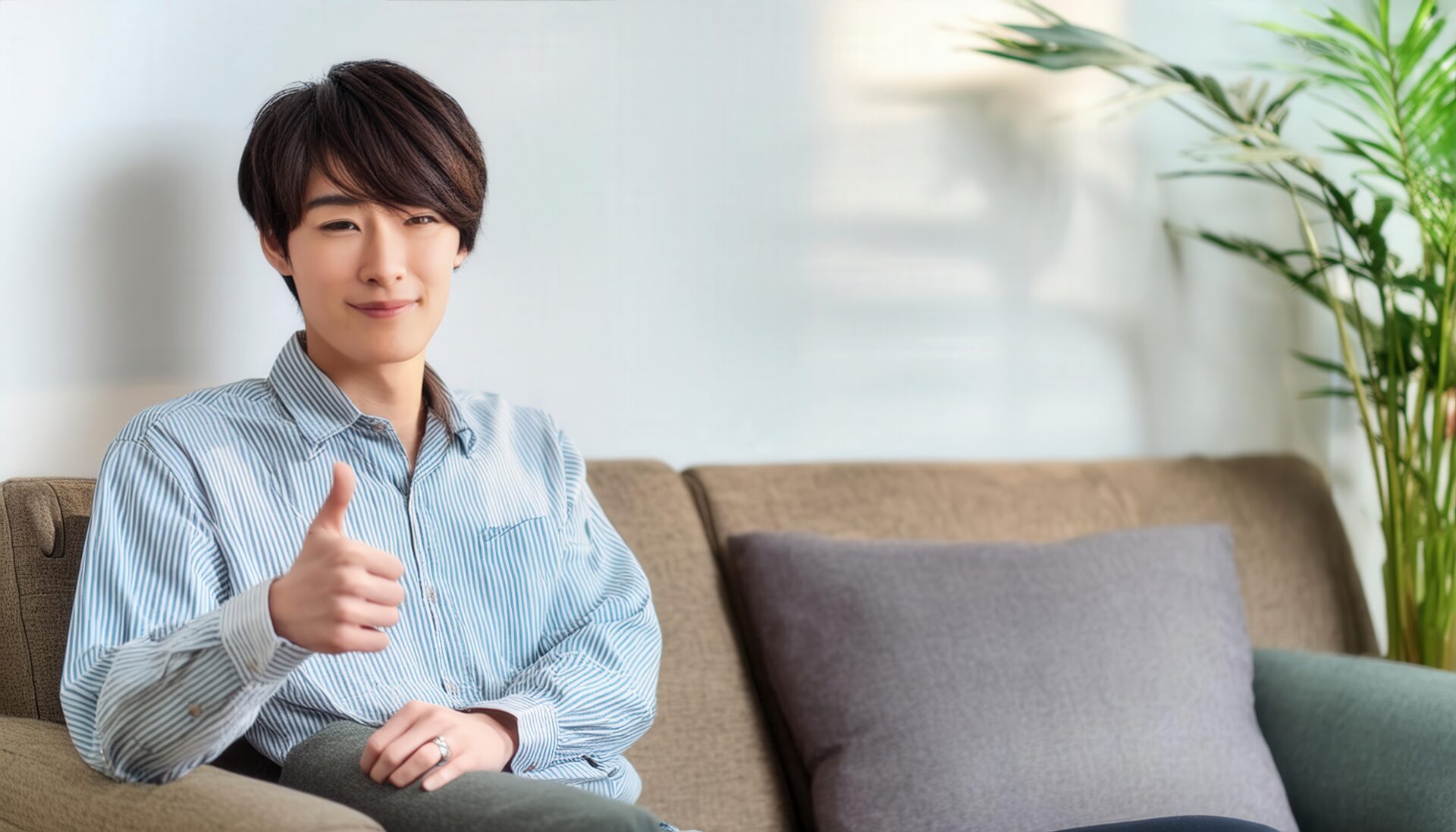 シャツを着てソファに座って親指を立てる人物