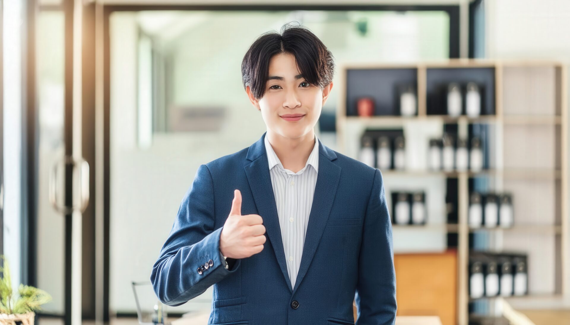 棚があるオフィスで親指を立てるビジネスパーソン