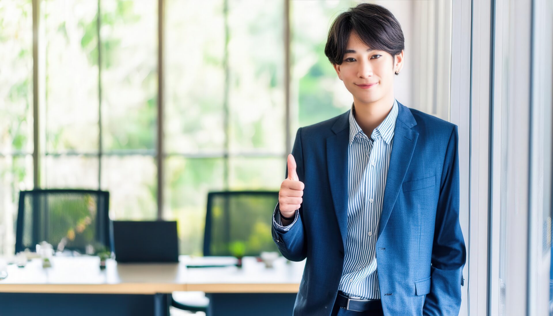 大きな窓のあるオフィスで親指を立てるビジネスパーソン