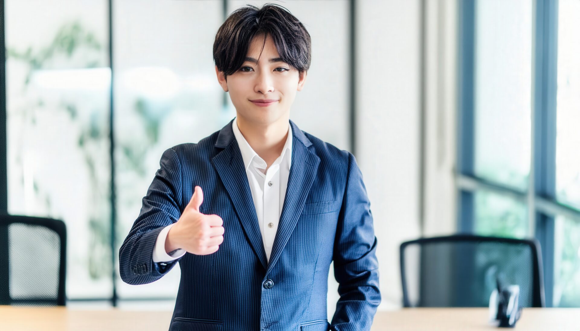 オフィスで親指を立てるビジネスパーソン