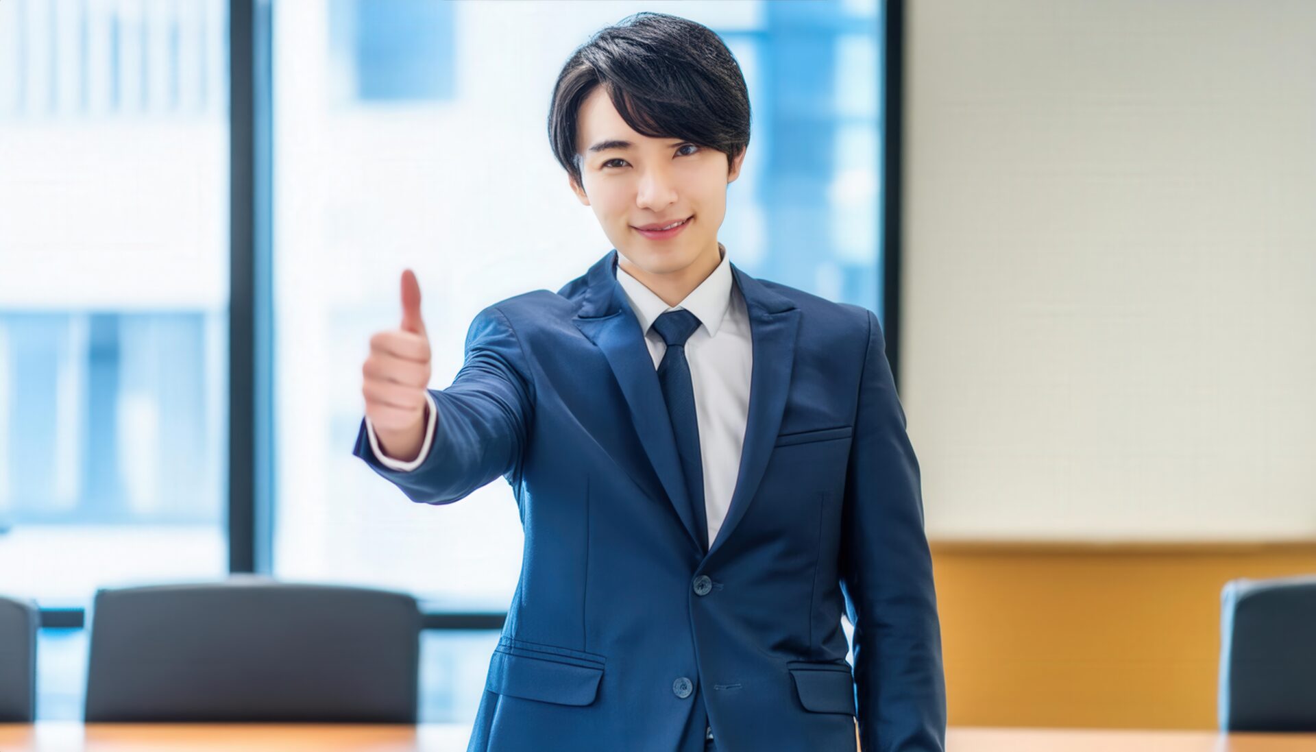 会議室で親指を立てるビジネスパーソン