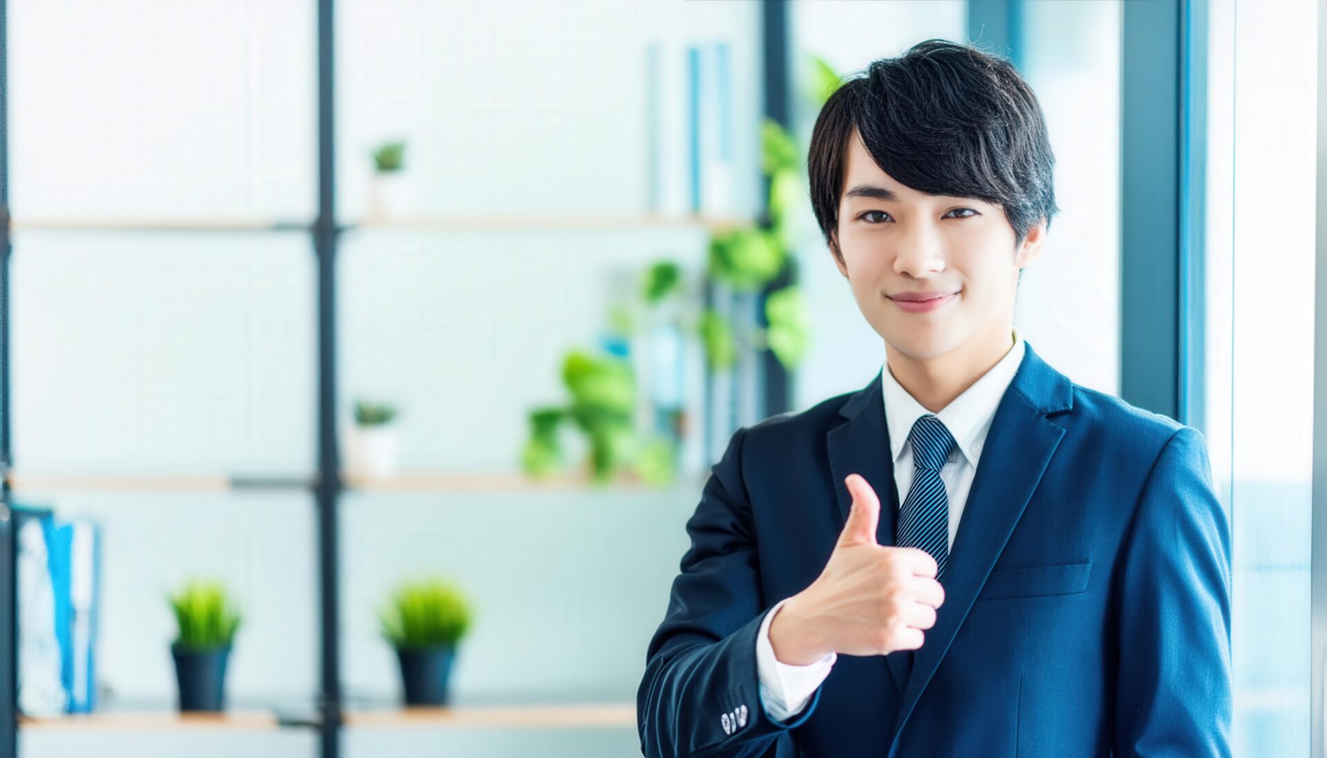 観葉植物のあるオフィスで親指を立てるビジネスパーソン