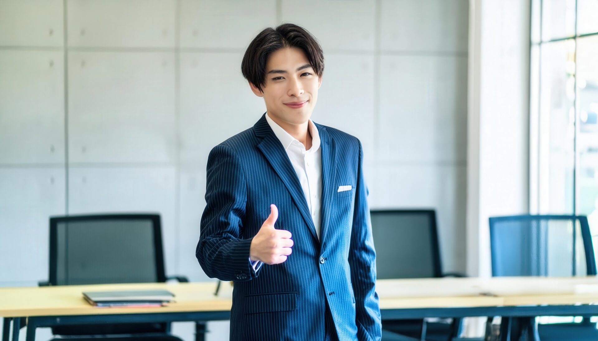 オフィスで親指を立てるビジネスパーソン