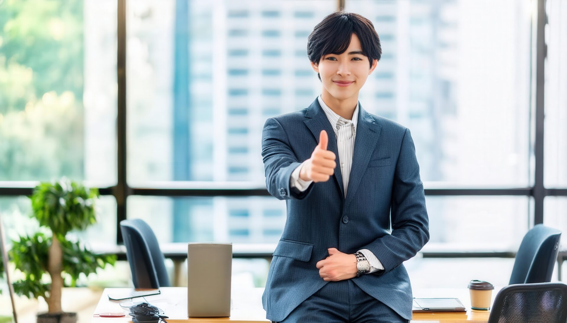 大きな窓の前で親指を立てるビジネスパーソン