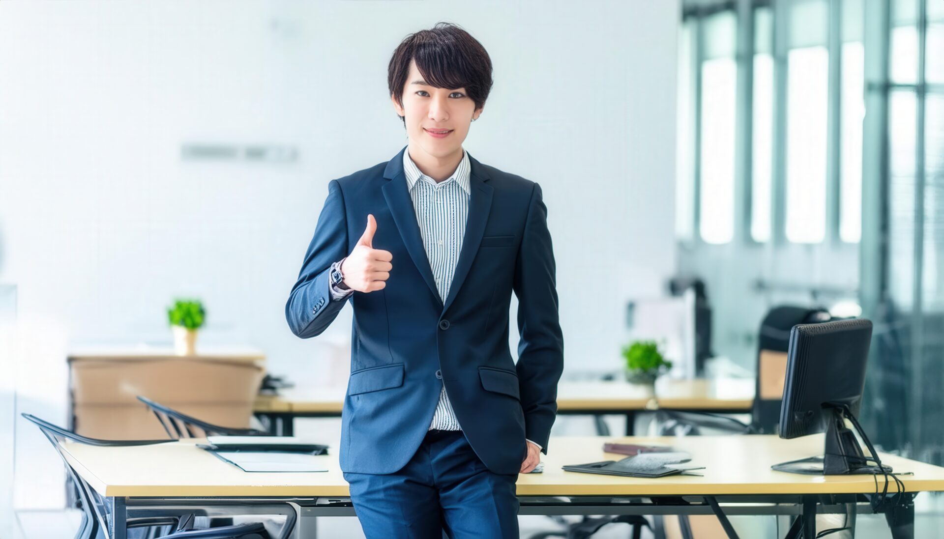 オフィスで親指を立てるビジネスパーソン