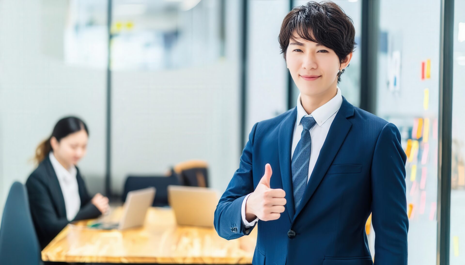 会議室で親指を立てるビジネスパーソン