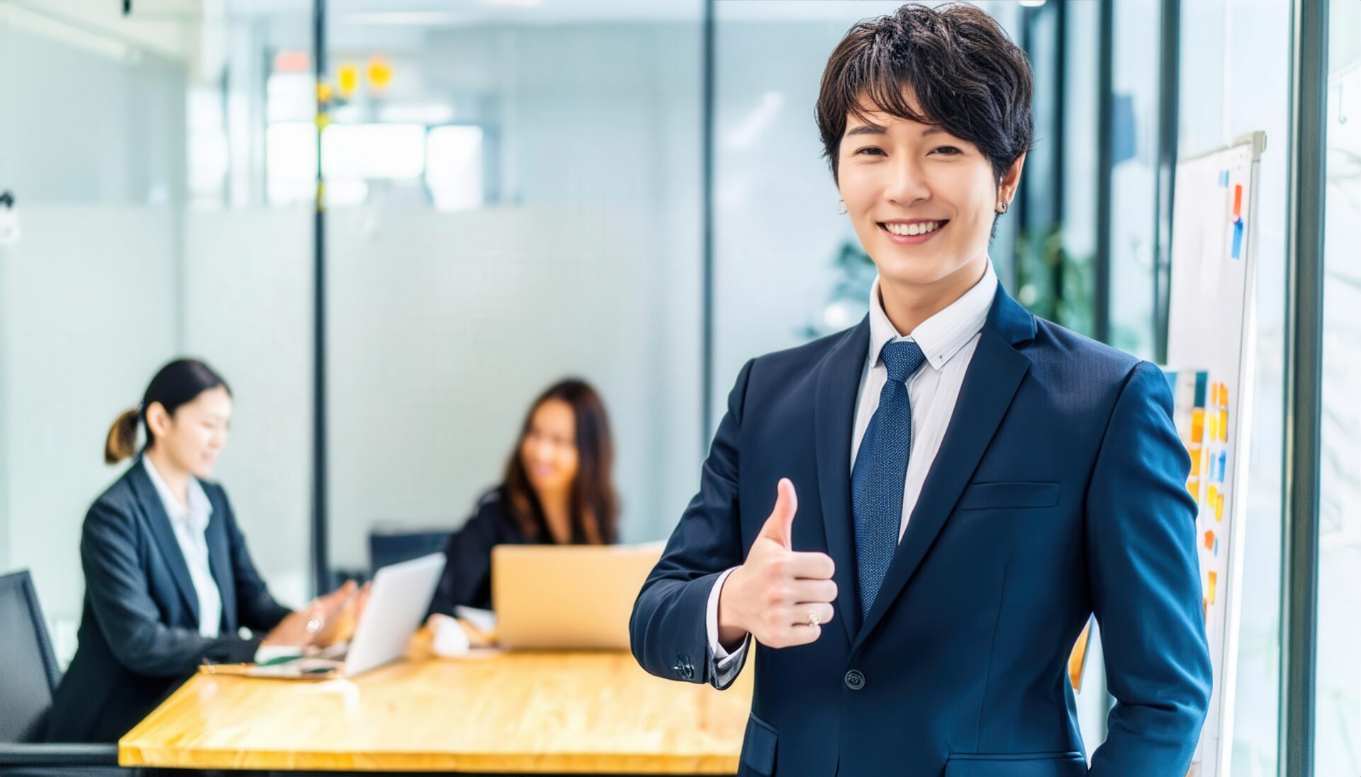 会議室で親指を立てるビジネスパーソン