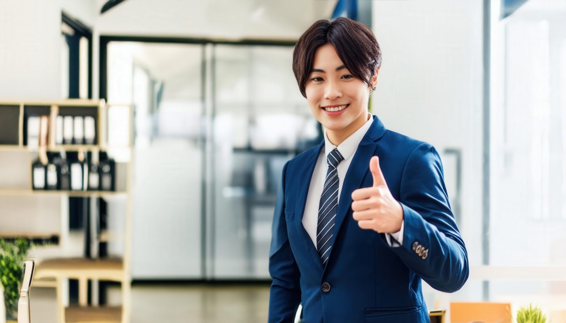 棚のあるオフィスで親指を立てるビジネスパーソン