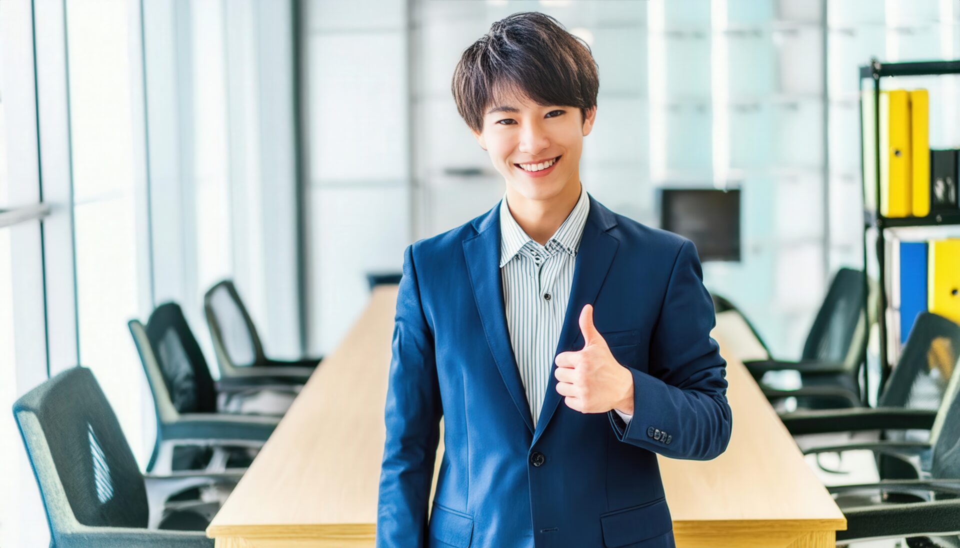 大きな窓のあるオフィスで親指を立てるビジネスパーソン