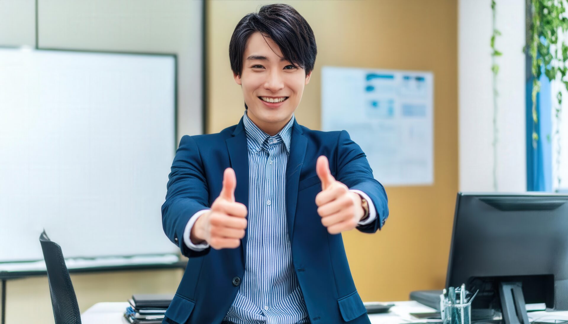 両手で親指を立てるビジネスパーソン