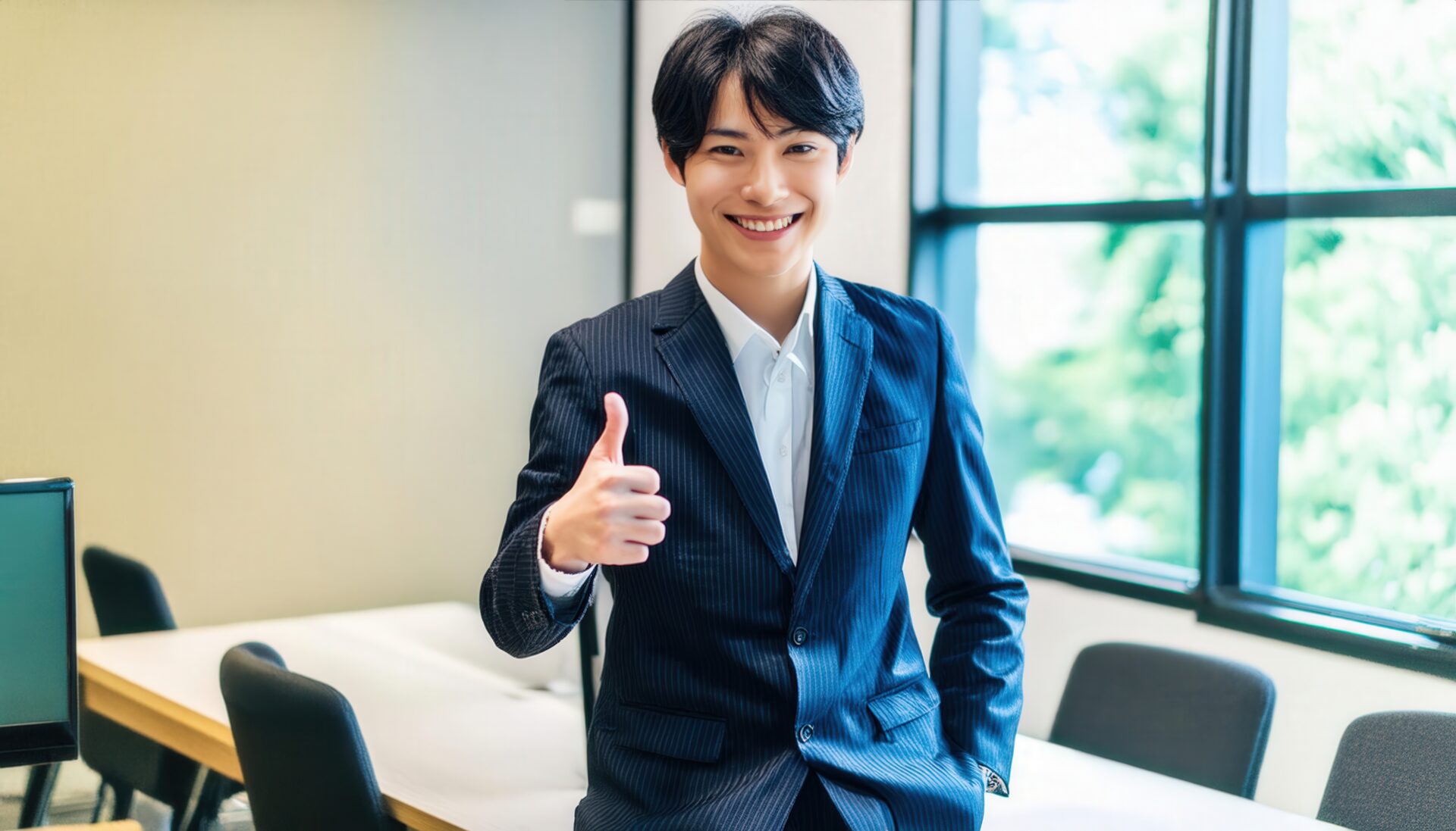 窓際で親指を立てるビジネスパーソン