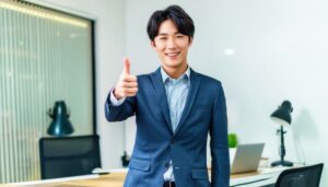 オフィスで親指を立てるビジネスパーソン