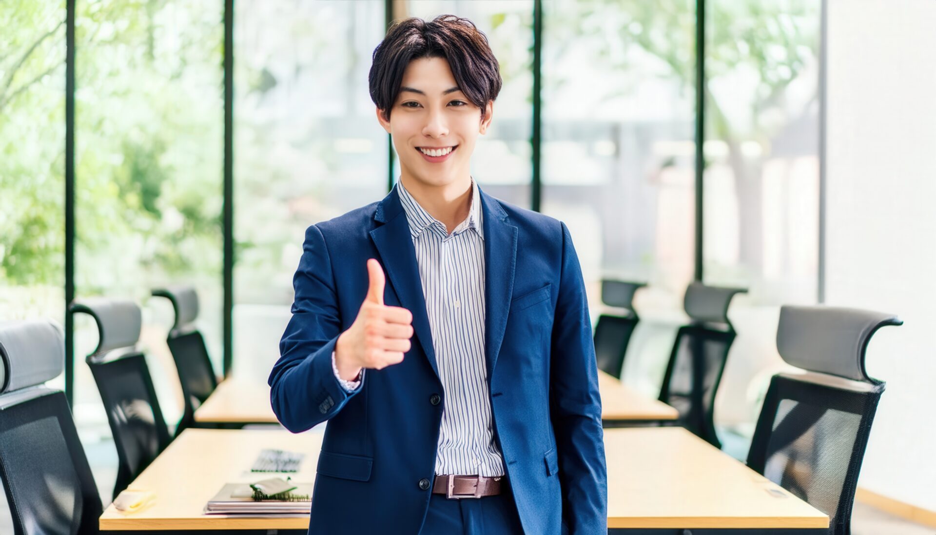 大きな窓のある会議室で親指を立てるビジネスパーソン