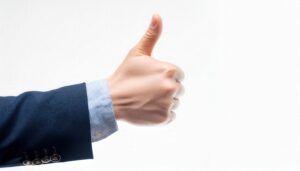 白背景でスーツの袖から親指を立てる手