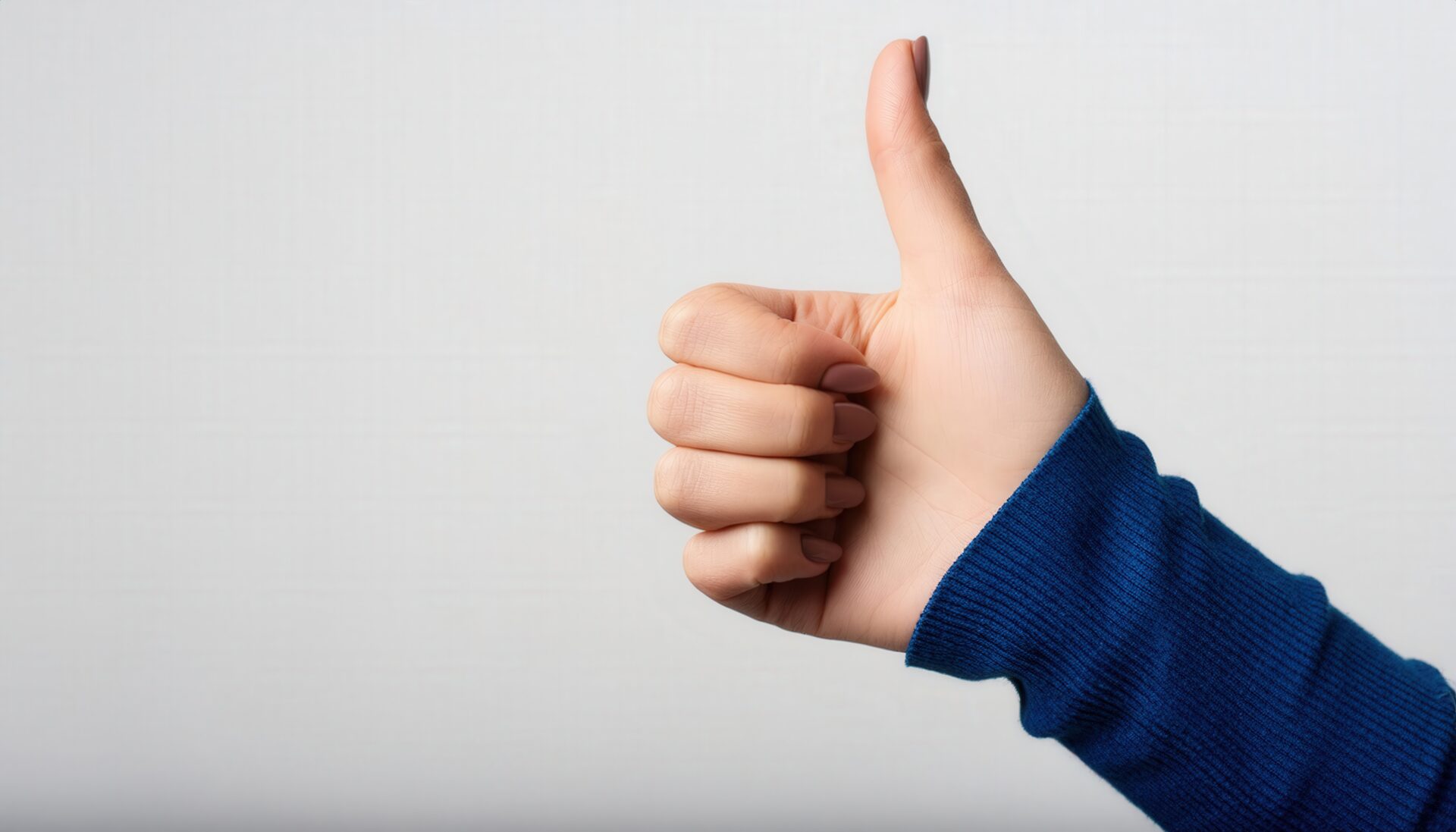 白背景でブルーの袖から親指を立てる手