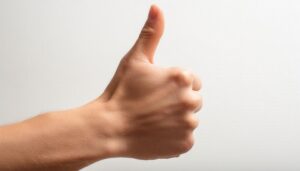 白背景で親指を立てる手