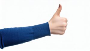 白背景でブルーの袖から親指を立てる手(2)