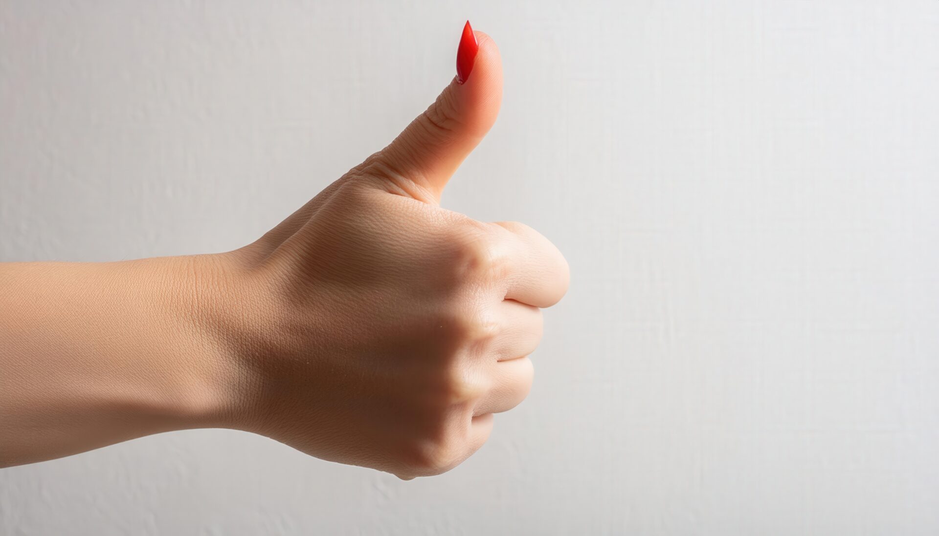 白背景で赤いネイルの親指を立てる手