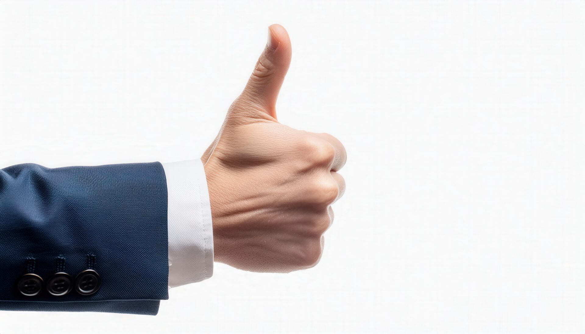 白背景でスーツの袖から親指を立てる手