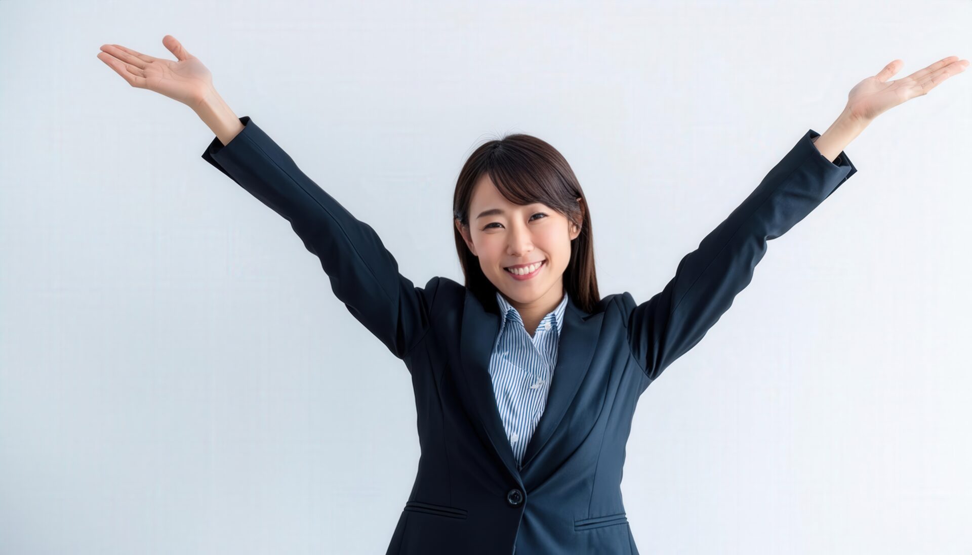 白背景で両腕を広げる笑顔の若い女性（スーツ姿）