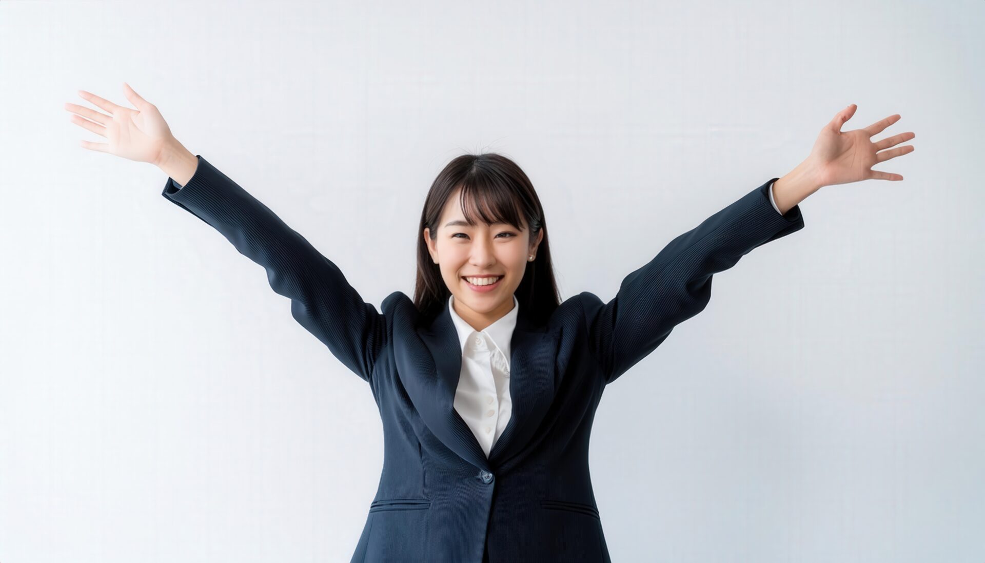白背景で両腕を広げる笑顔の若い女性（前髪あり）