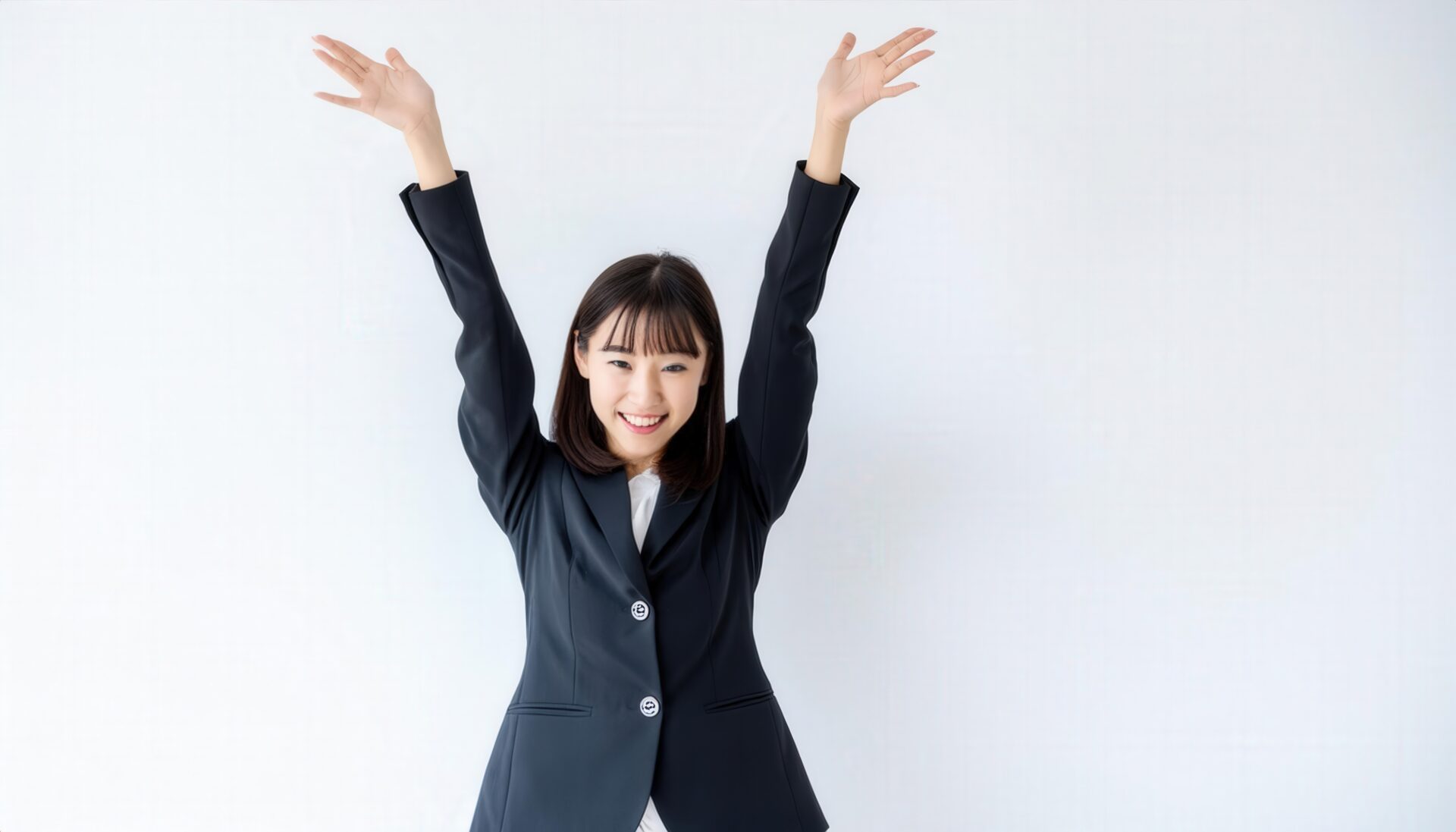 白背景で両腕を上げる笑顔の若い女性（ブラックスーツ・前髪あり）
