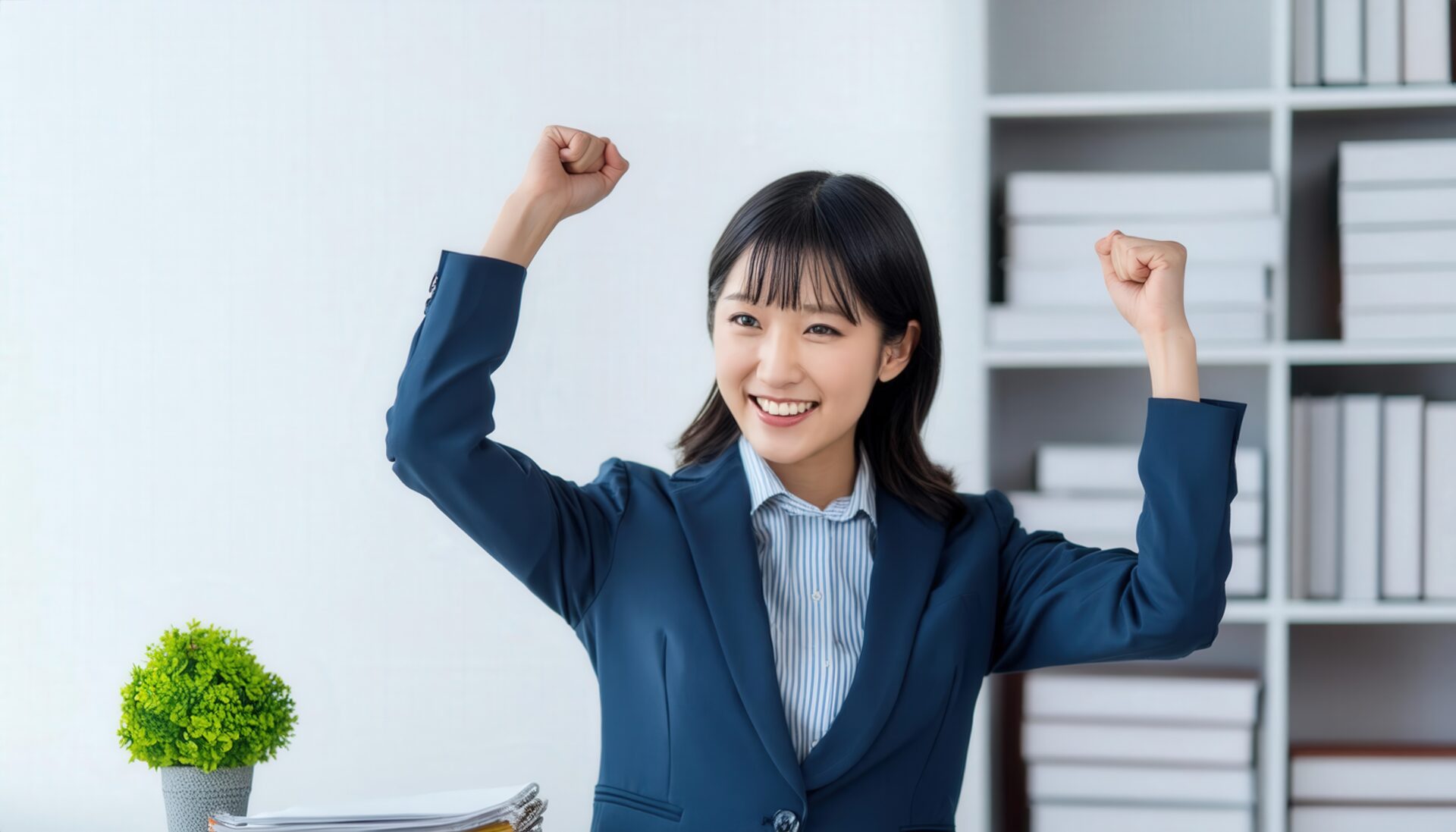 オフィスでガッツポーズをする若い女性（ブルースーツ・前髪あり）