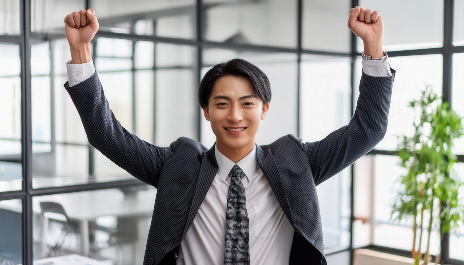 オフィスでガッツポーズをする若い男性（ストライプスーツ）