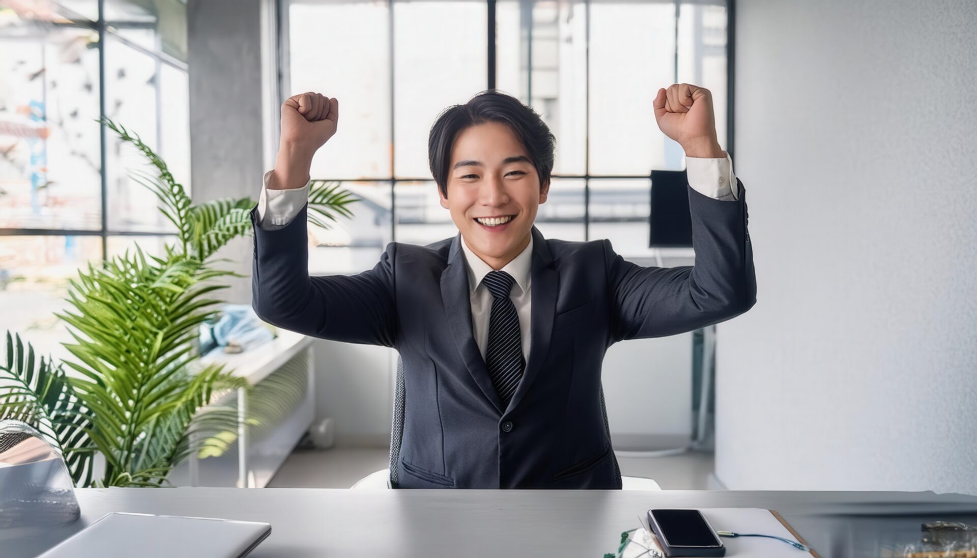 オフィスでガッツポーズをする若い男性（観葉植物のある室内）