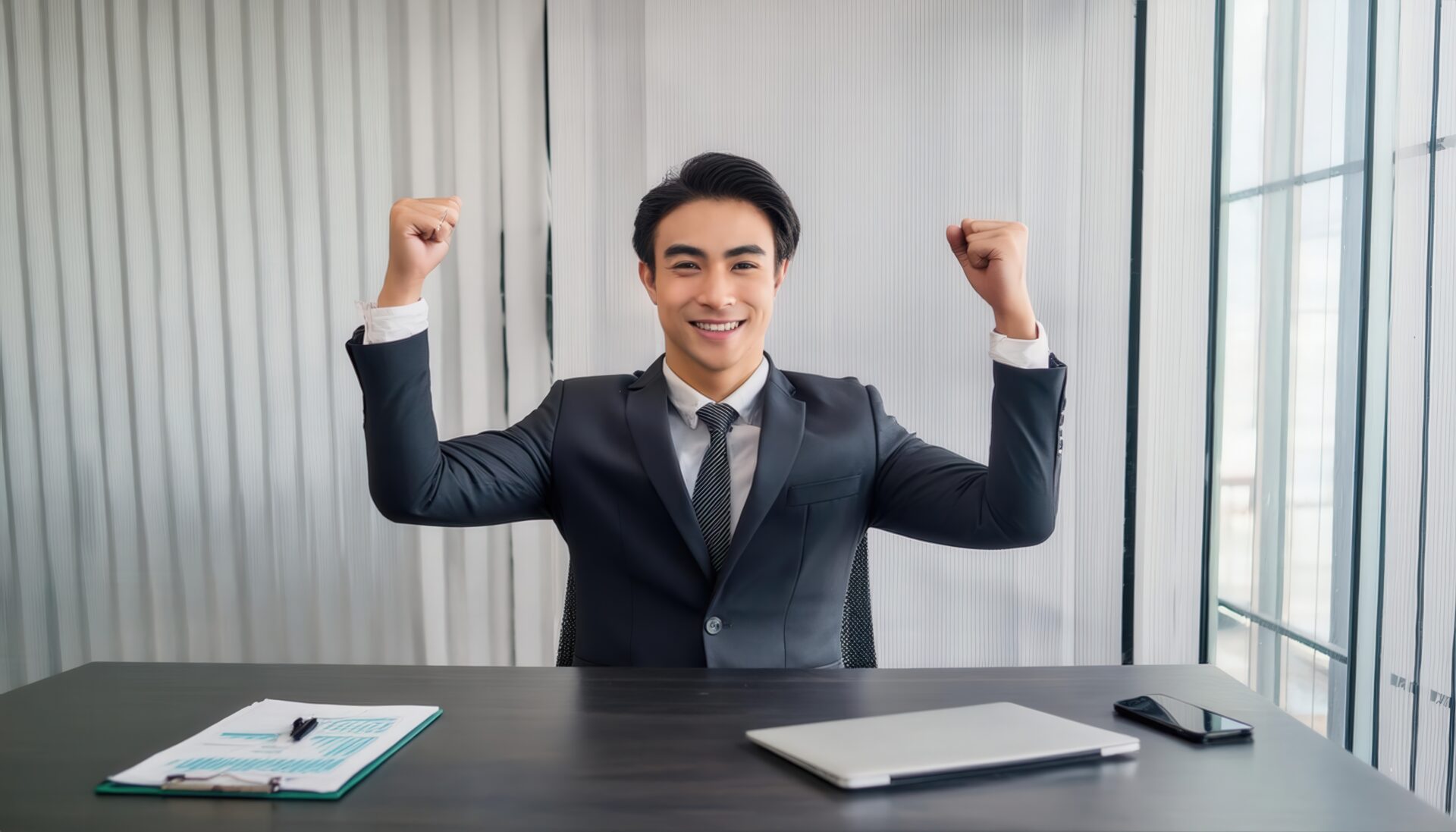 オフィスでガッツポーズをする若い男性（ダークスーツ・デスク前）