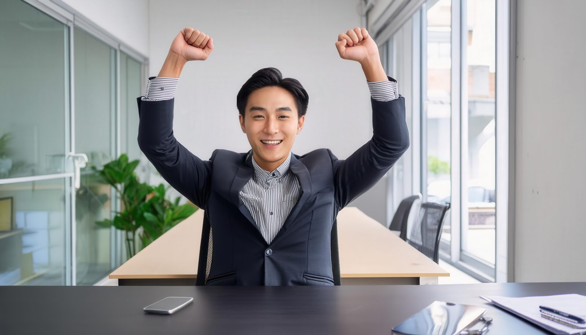 オフィスでガッツポーズをする若い男性（シャツ＆ジャケット）