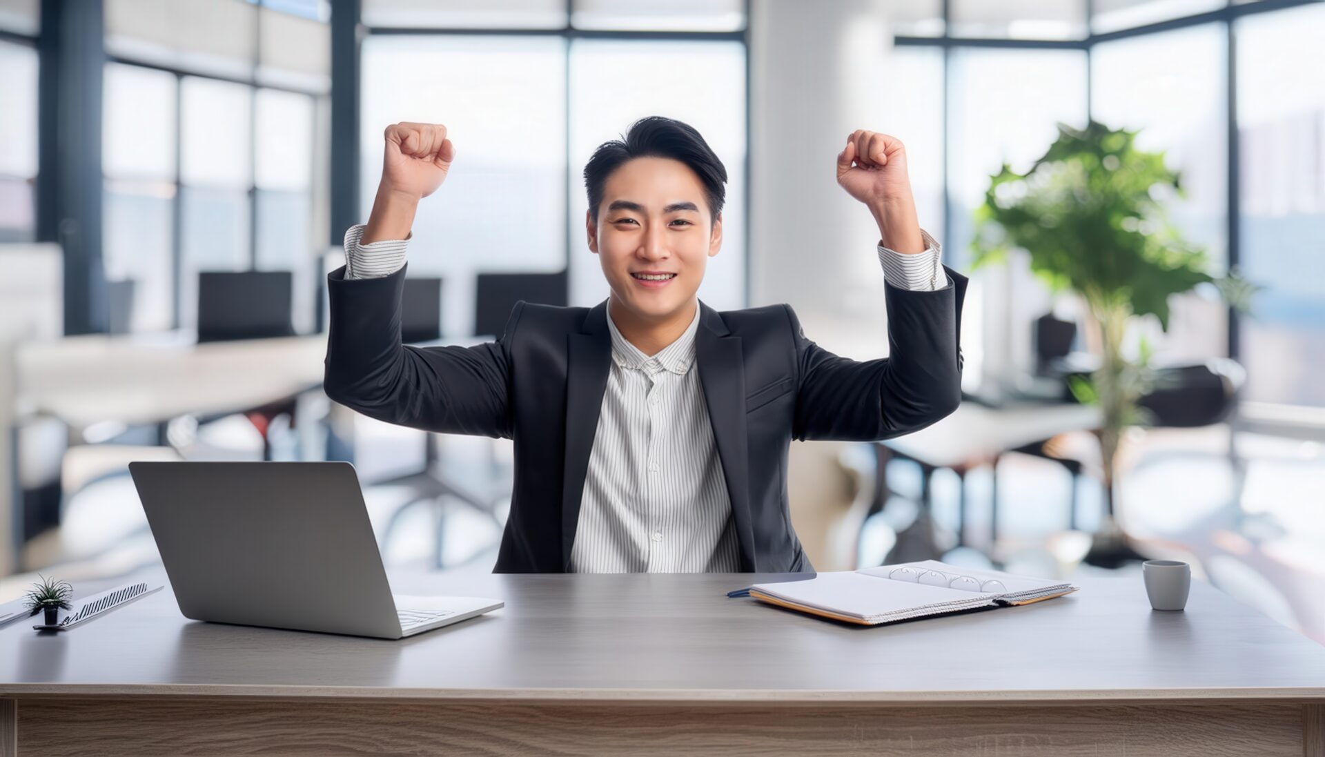 オフィスでガッツポーズをする若い男性（黒スーツ・デスク）