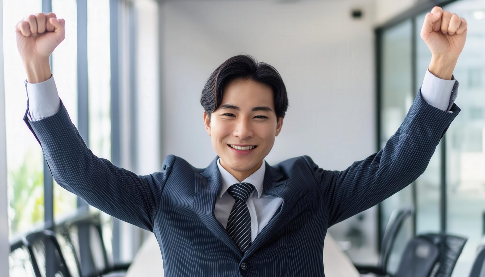 オフィスでガッツポーズをする若い男性（ストライプスーツ）